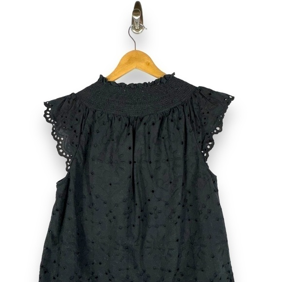 4 for $40 SALE! LOFT Eyelet Smocked Neck Flutter Sleeve Top, Black, Size M - Picture 10 of 11